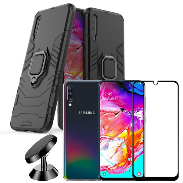 Kit de protección Phonecare para Samsung Galaxy A70: vidrio Full Cover 5D, funda Military Defender y soporte magnético