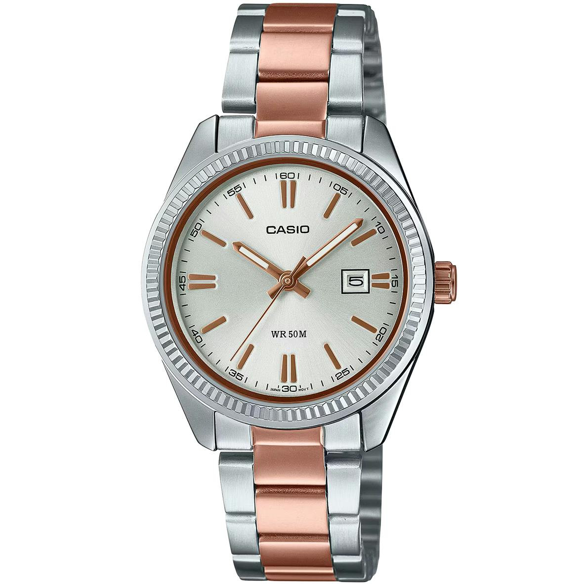 CASIO LTP-1302PRG stainless steel watch with silver dial and rose gold details