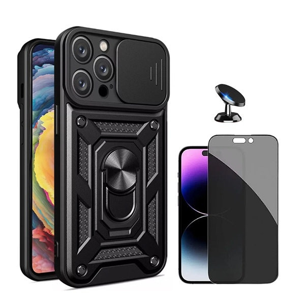 Kit Película 5d Anti-Spy + Capa Magnetic Military Defender Slide Window Anti-Impacto + Suporte Magnético de Carro para Apple iPhone 16 Pro - Preto