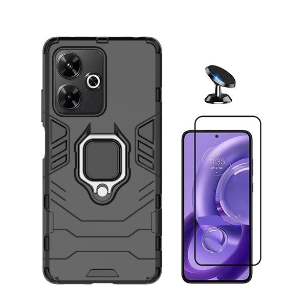Kit de protección para Xiaomi Poco M6 4G: vidrio Full Cover 5D, funda Military Defender 3 en 1 y soporte magnético