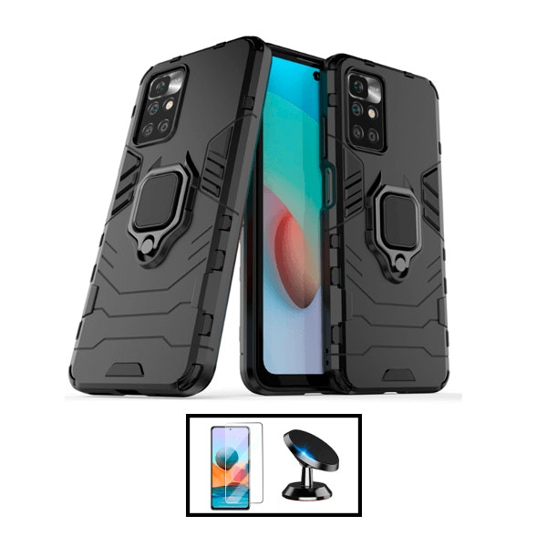 Protection kit Full Cover and Military Defender case with Magnetic Car Mount for Xiaomi Redmi 10 Prime 2022 - Black