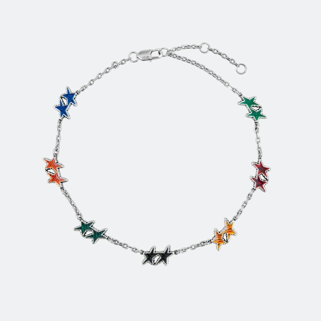 Necklace with enameled stars on silver metal chain