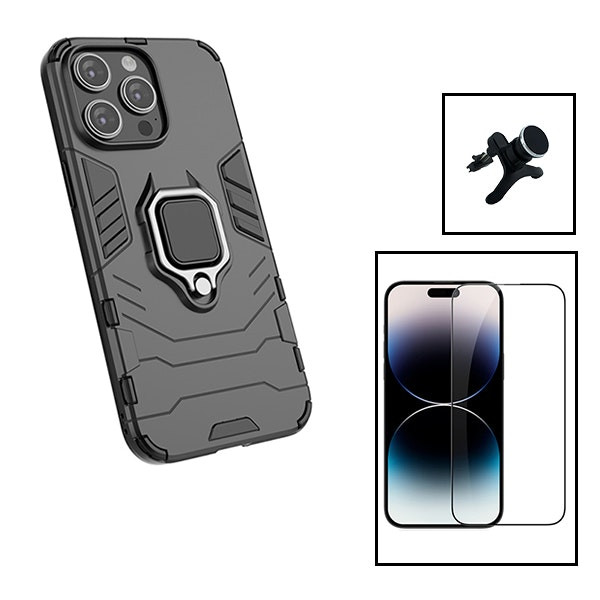 Kit: Vidrio Full Cover 5D + Funda Military Defender 3‑en‑1 + Soporte Magnético de Coche