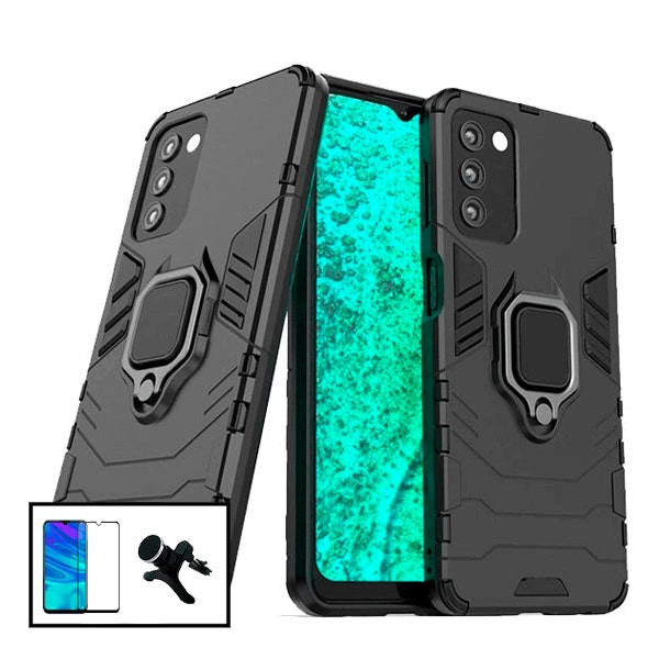 Kit: Tempered glass protector Full Cover + Military Defender 3-in-1 case + Magnetic car mount for Galaxy A03s