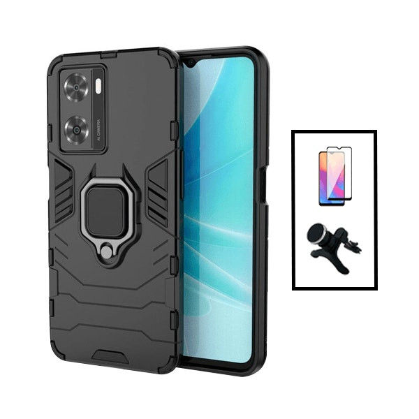 Kit Vidro Premium Full Cover + Capa 3X1 Military Defender + Suporte Magnético de Carro Reforçado para Oppo A57s - Preto