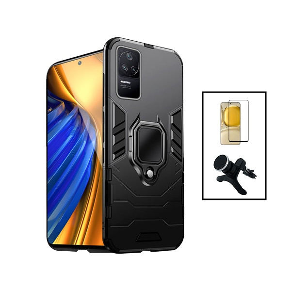 Phonecare kit: Full Cover 5D glass protector, 3-in-1 Military Defender case and magnetic car mount for Xiaomi Poco F4 5G - Black