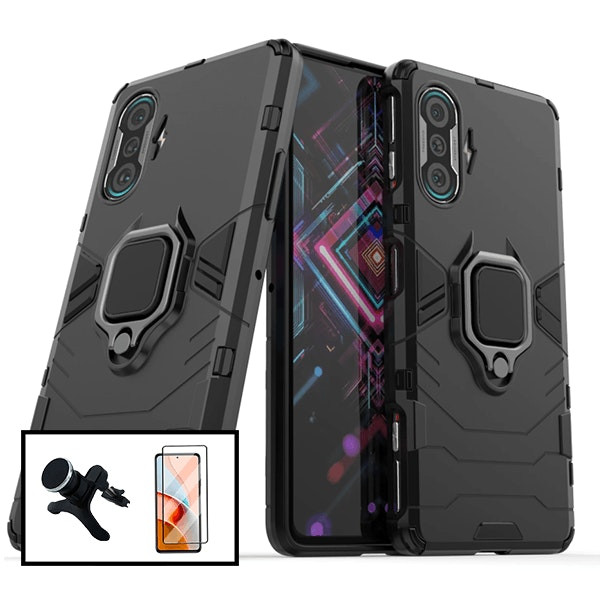 Kit: Vidrio Templado Full Cover 5D + Funda Military Defender 3-en-1 + Soporte Magnético de Coche para Poco F3 GT
