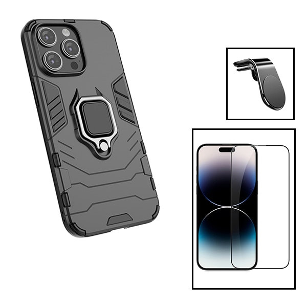 Kit funda Military Defender con cristal Full Cover 5D y soporte magnético para iPhone 15 - Negro