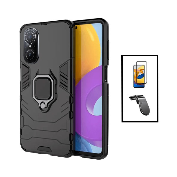 Kit funda Military Defender con cristal Full Cover 5D y soporte magnético para Huawei Nova 9 SE - Negro