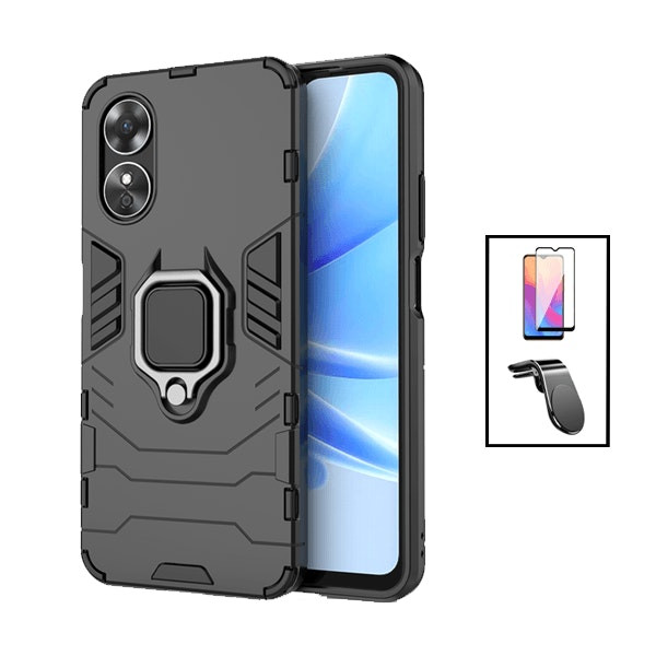 Military Defender Case + Full Cover 5D Glass + Universal Magnetic Mount for Oppo A17 - Black