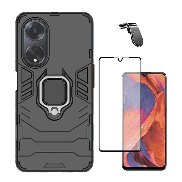 Kit de protección para Oppo A18: vidrio Full Cover 5D, funda Military Defender y soporte magnético - Negro