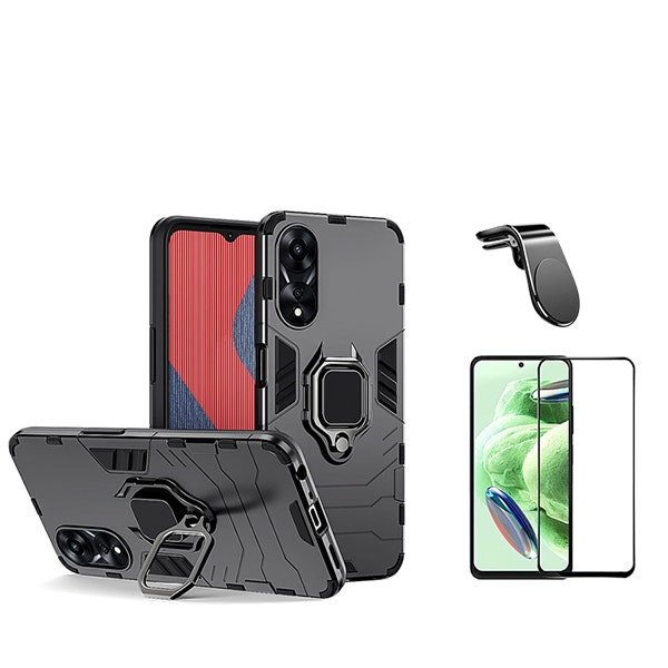 Protective case kit, Full Cover tempered glass and magnetic mount for Oppo A58 4G - Black