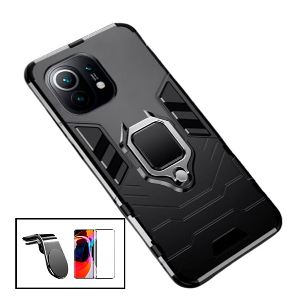 Kit de protección: vidrio Full Cover 5D + funda Military Defender + soporte magnético para Xiaomi Mi 11 Lite 5G NE