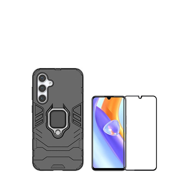Tempered glass Full Cover protector and Military Defender case kit for Samsung Galaxy A15 - Black