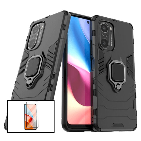 Full Cover 5D Tempered Glass and Military Defender Case with Stand for Xiaomi Poco F3