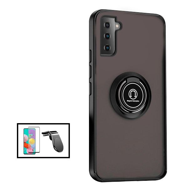Transparent anti-impact case kit with ring, full cover tempered glass and universal magnetic mount for Samsung Galaxy S22 Plus 5G