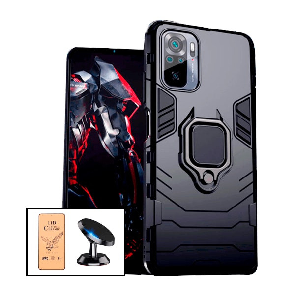 Kit Película CeramicGlass + Capa 3X1 Military Defender + Suporte Magnético de Carro para Xiaomi Redmi Note 10s
