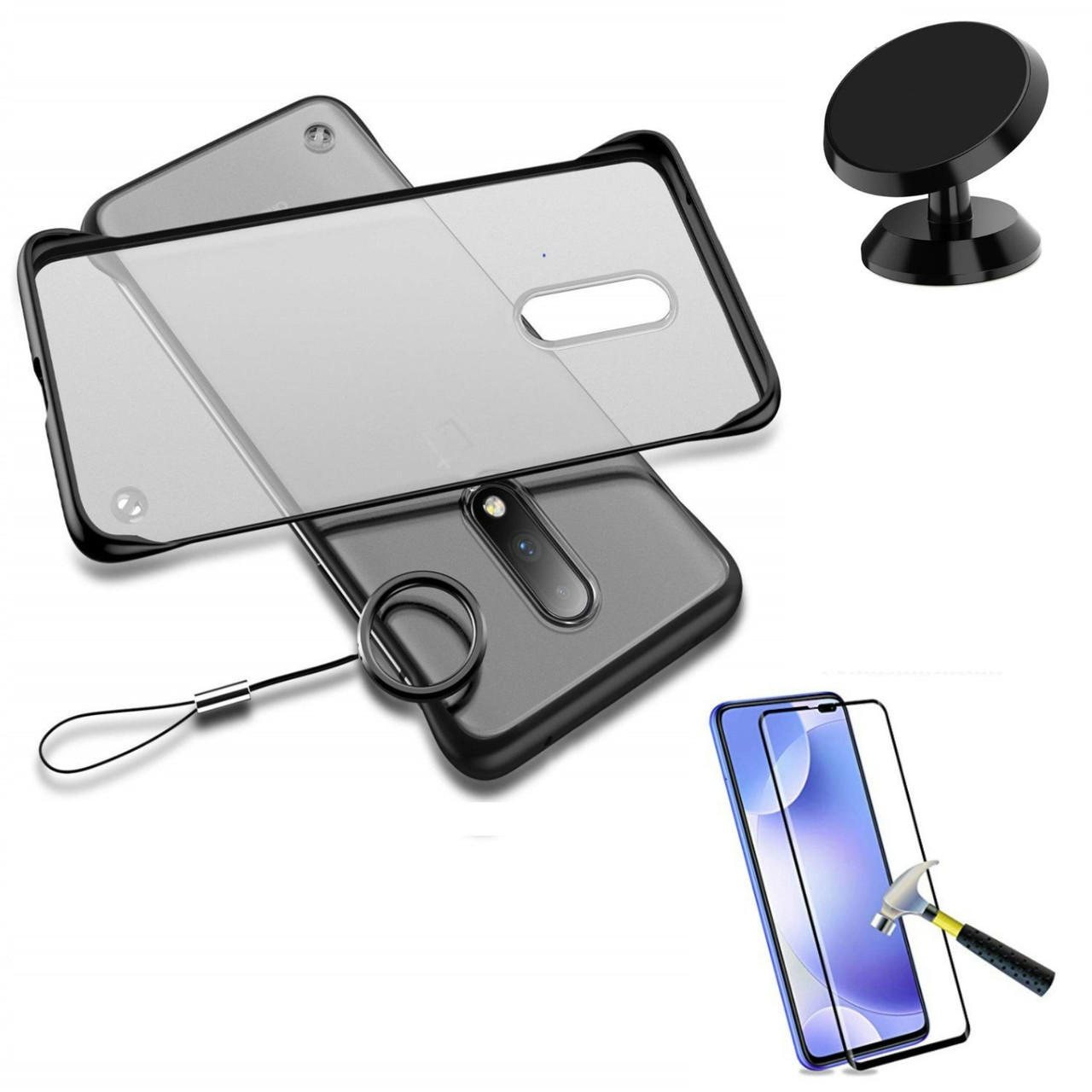 Funda Invisible Bumper con protector de vidrio Full Cover y soporte magnético para OnePlus 7