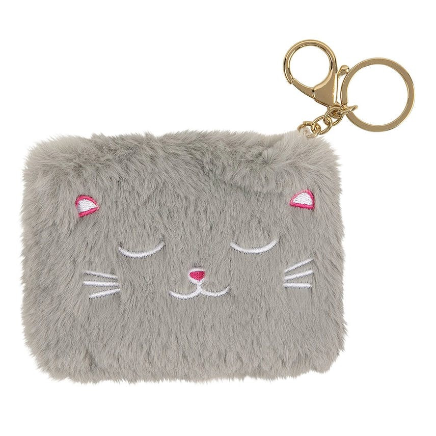 Coin purse in grey faux fur with embroidered cat face