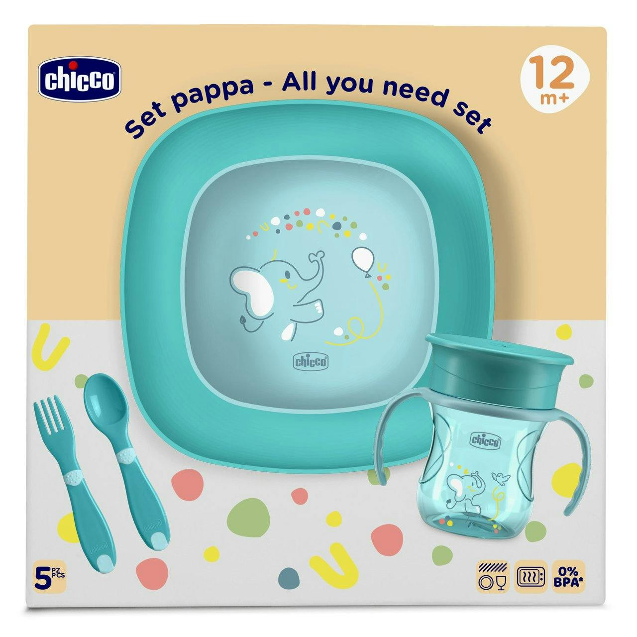 Set de alimentación azul para bebé 12M+ con bol, plato, vaso 360° y cubiertos