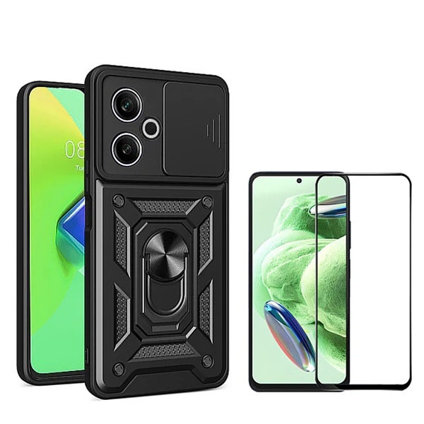 Magnetic Military Defender Slide Case + Full Cover Tempered Glass for Xiaomi Redmi 13 5G