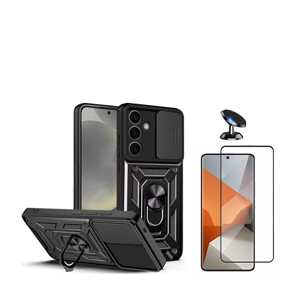 Kit Vidro Premium Full Cover + Capa Magnetic Military Defender Slide Window Anti-Impacto + Suporte Magnético de Carro para Samsung Galaxy S24 Plus + 5G - Preto