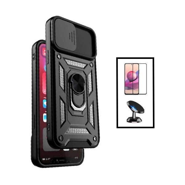 Kit funda con vidrio templado full cover y soporte magnético para Xiaomi Mi 11 Lite - Negro