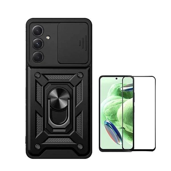 Kit Vidro Premium Full Cover + Capa Magnetic Military Defender Slide Window Anti-Impacto para Samsung Galaxy A35 5G - Preto