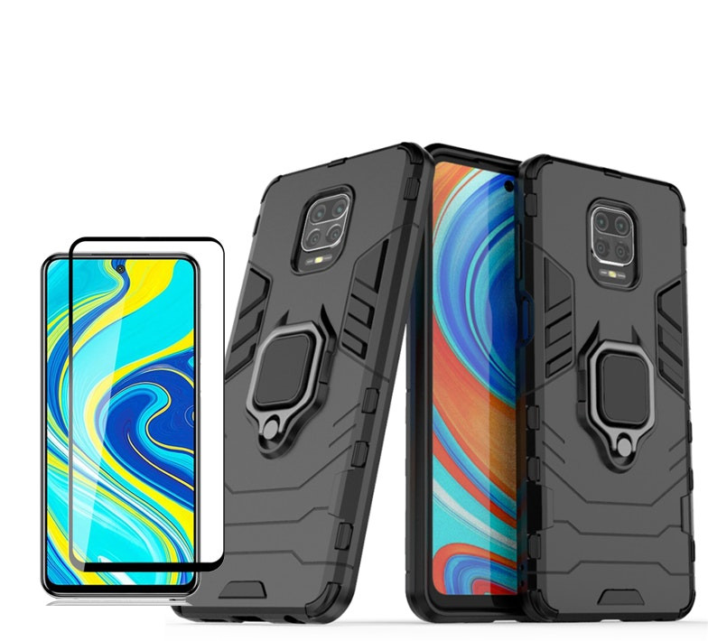 Tempered glass screen protector and Military Defender case for Redmi Note 9 Pro