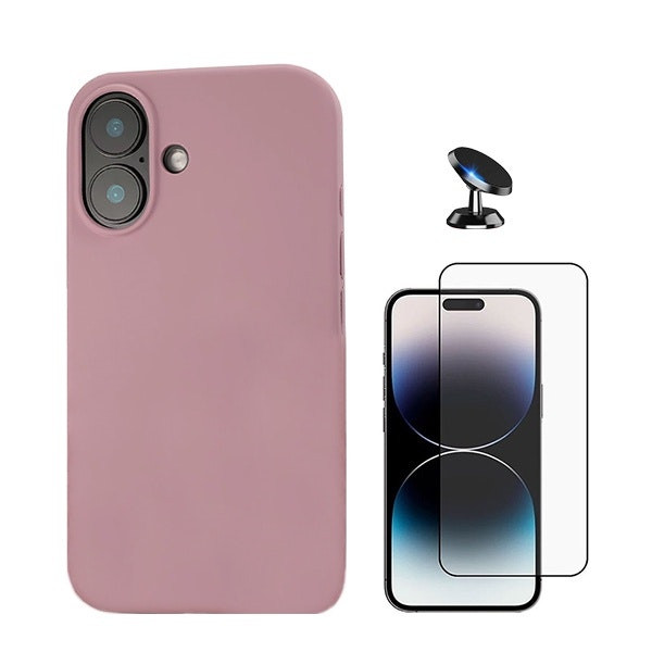Kit funda y protector iPhone 16 Plus - vidrio full cover, funda silicona, soporte magnético