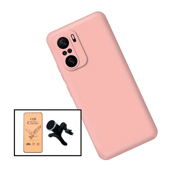 Kit Película CeramicGlass + Capa Silicone Líquido + Suporte Magnético de Carro Reforçado para Xiaomi Redmi Note 10s - Rosa