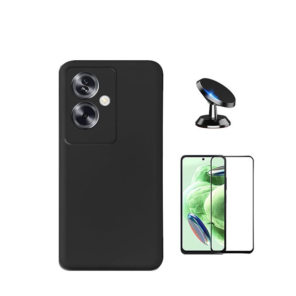 Tempered Glass Screen Protector + Liquid Silicone Case and Magnetic Car Mount for Oppo A79 5G - Black