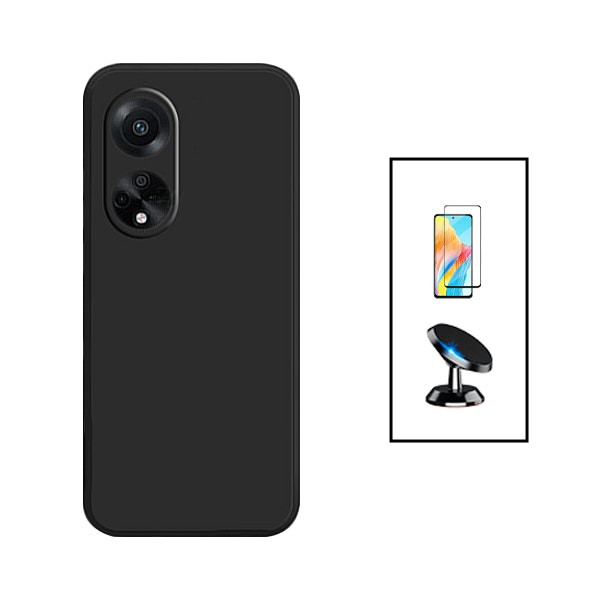 Kit protector de vidrio 5D y funda de silicona líquida con soporte magnético para Oppo A98 5G - Negro