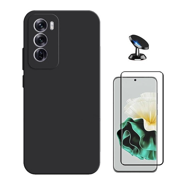 Funda silicona líquida + Vidrio templado Full Cover 5D y Soporte magnético para coche para Oppo Reno12 Pro - Negro
