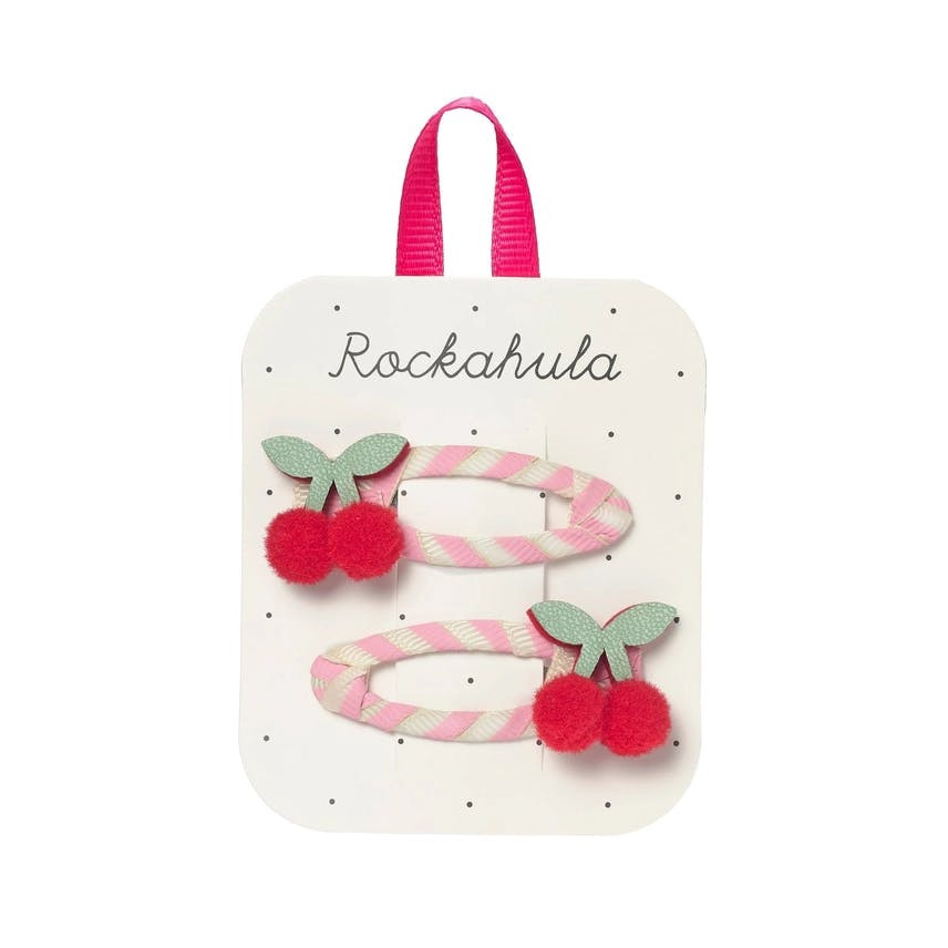 Hair clips with felt cherry on striped grosgrain ribbon