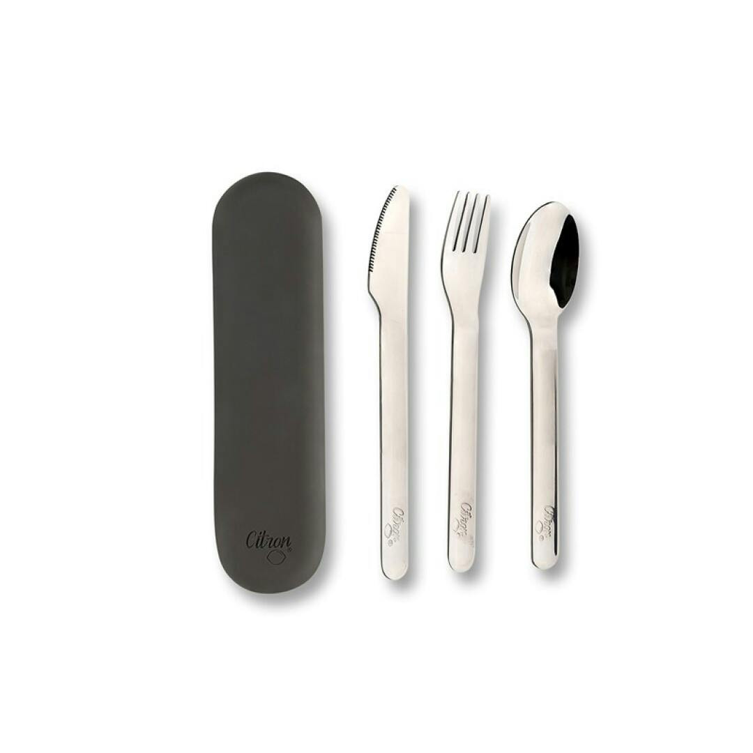 Stackable stainless steel children's cutlery set with black silicone sleeve