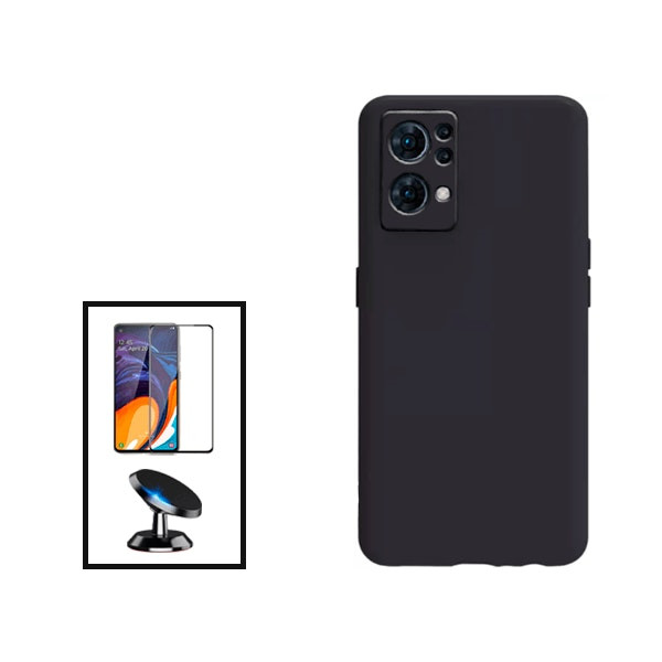 Kit: Full Cover Tempered Glass + Liquid Silicone Case + Magnetic Car Mount for Reno7 Pro 5G - Black