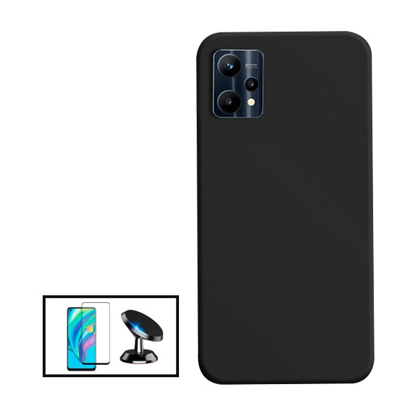 Protector vidrio templado + funda silicona líquida + soporte magnético coche para Realme 9 Pro Plus - Negro