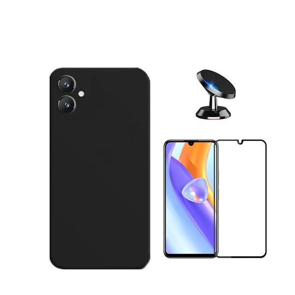 Protector de vidrio templado + funda de silicona líquida + soporte magnético para coche Samsung Galaxy A05 - Negro