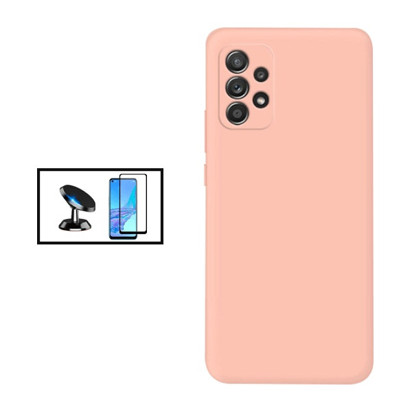 Protector de Vidrio Full Cover 5D y Funda de Silicona Líquida con Soporte Magnético para Samsung Galaxy A53 5G - Rosa