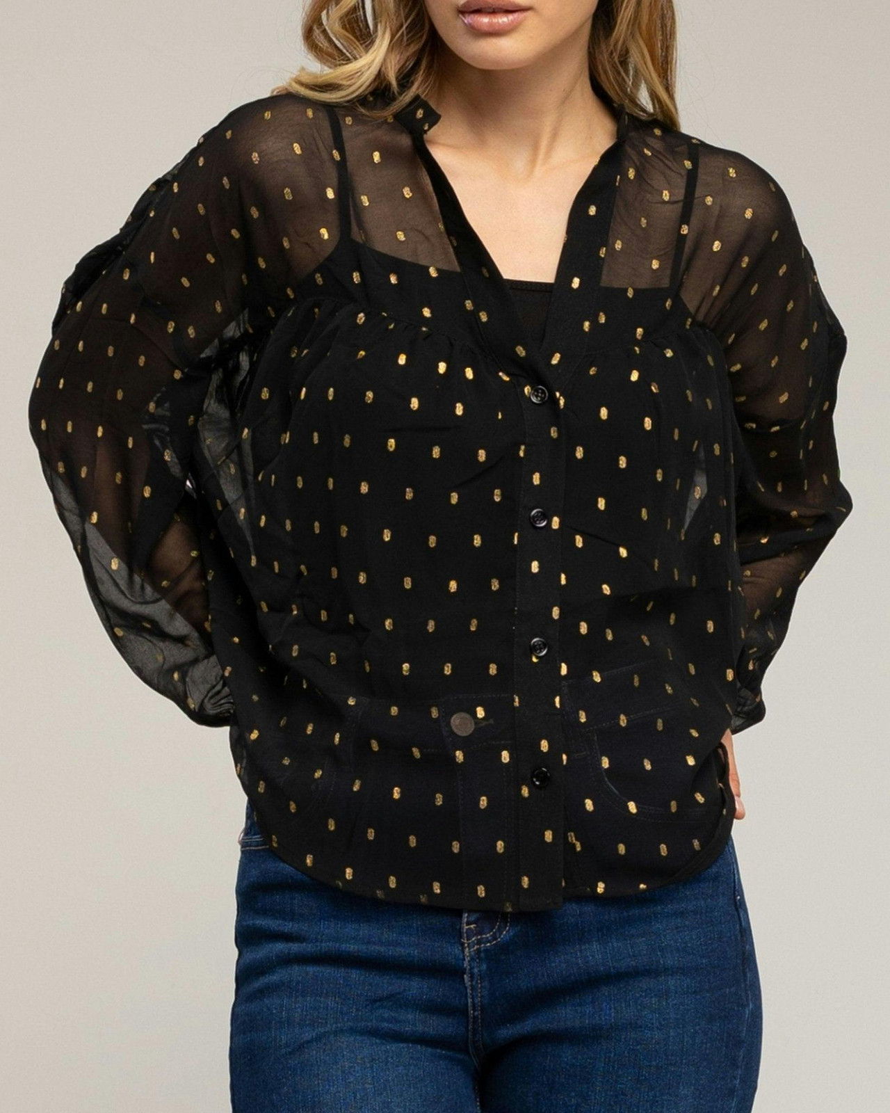 Camisa semitransparente con lunares de lurex y  corte en el pecho