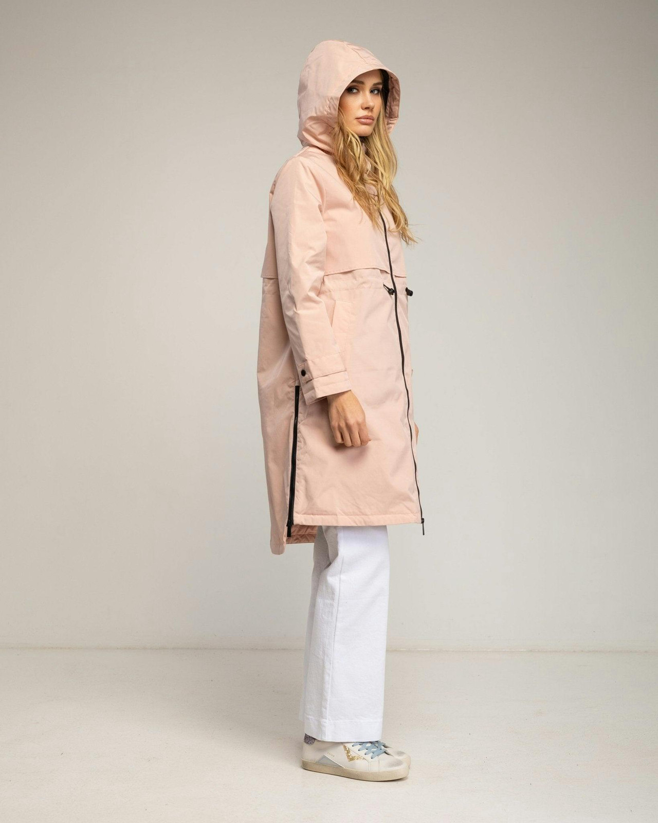 Gabardina larga con capucha, cierre de cremallera y ajustable en la cintura (PINK)