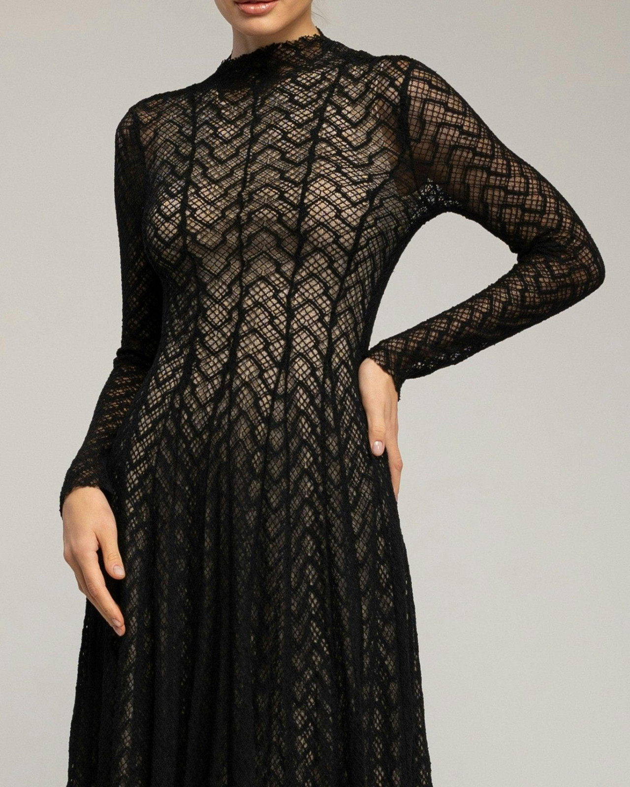 Vestido largo de manga larga  de encaje con textura, falda de vuelo con pinzas (BLACK)