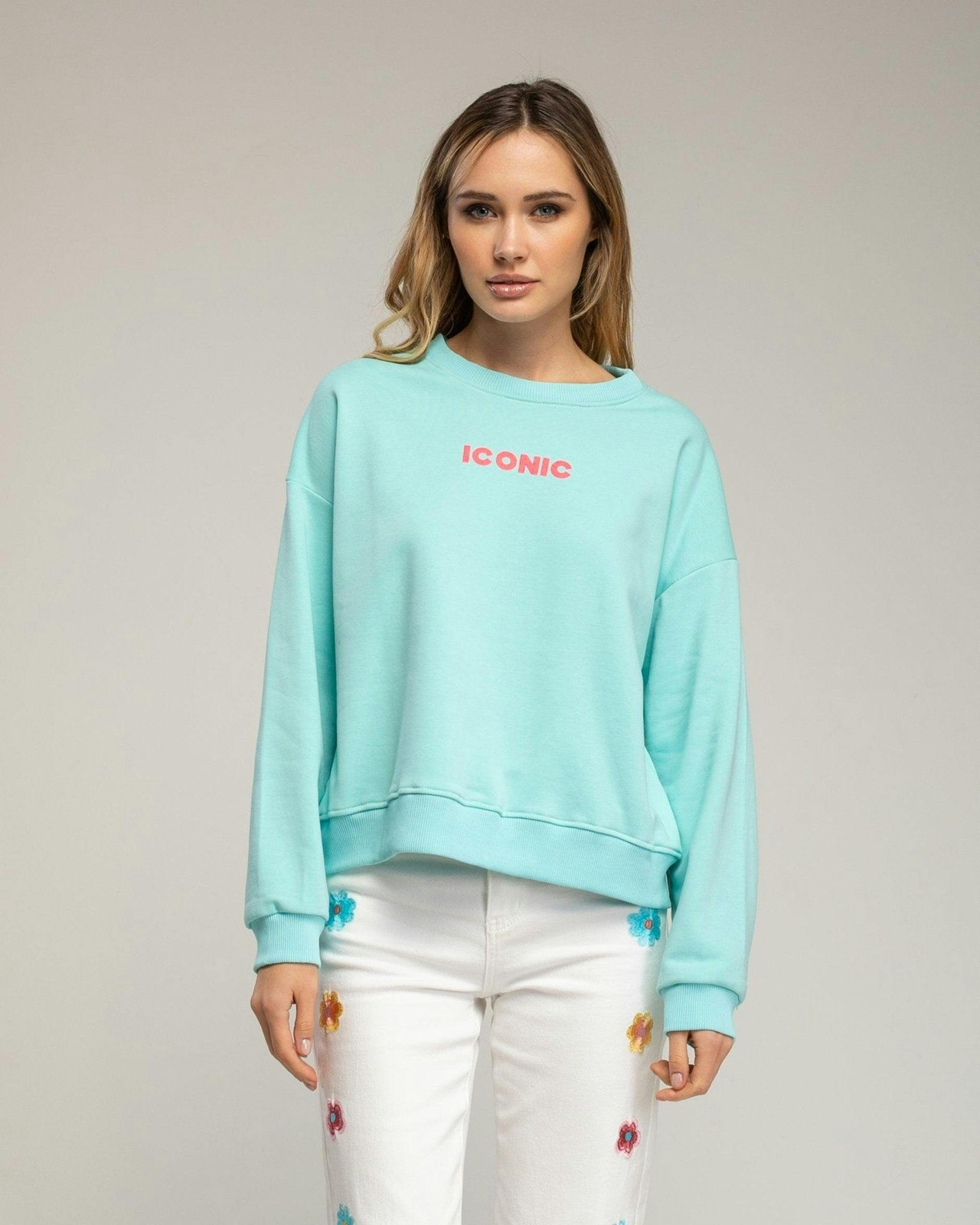Sweatshirt with 'iconic' fluorescent text