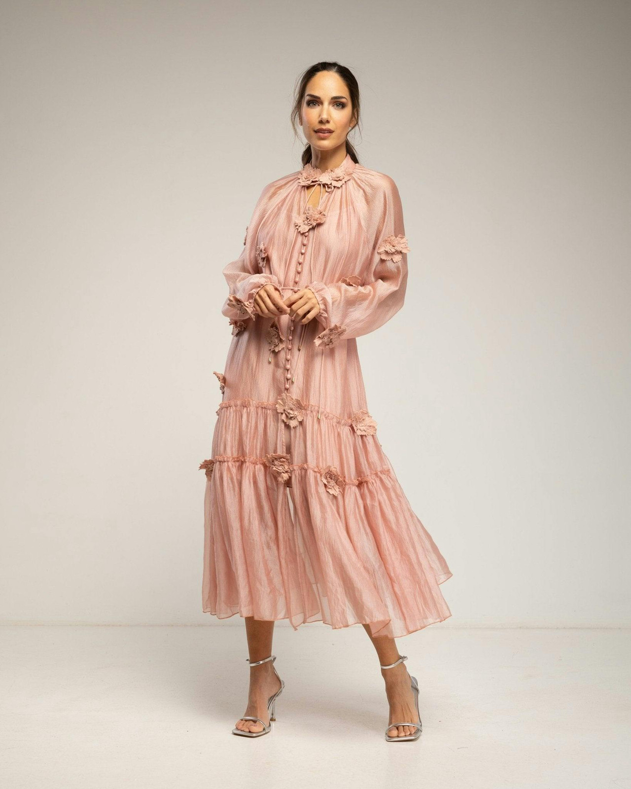 Semi-sheer dress with floral details, ruffles and buttons