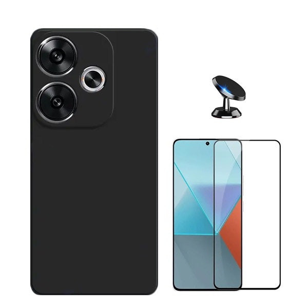 Kit protector vidrio templado, funda silicona líquida y soporte magnético para Xiaomi Poco F6 - Negro