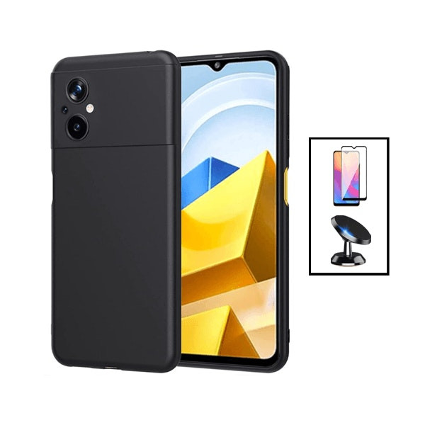 Kit: Protector de Vidrio 5D, Funda de Silicona Líquida y Soporte Magnético para Xiaomi Poco M5 - Negro