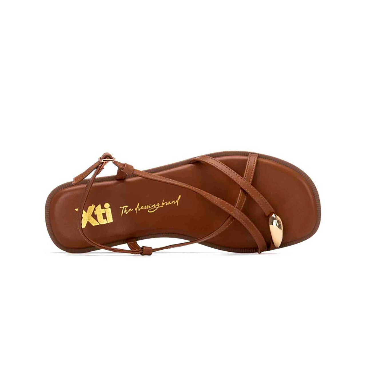 Flat strappy faux leather sandal with metal detail