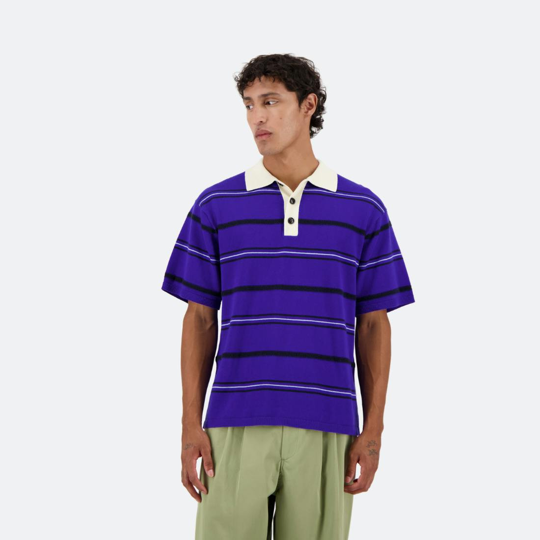 Lundy knit polo with moss-stitch stripes