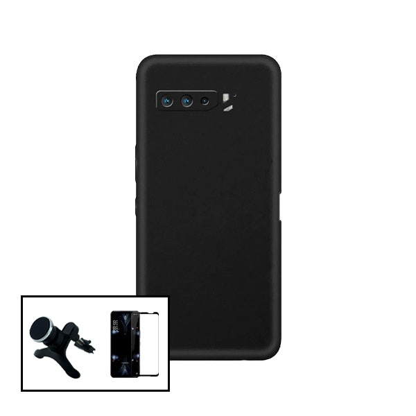 Protector vidrio 5D full-cover + funda silicona líquida y soporte magnético coche para Asus ROG Phone 5s Pro